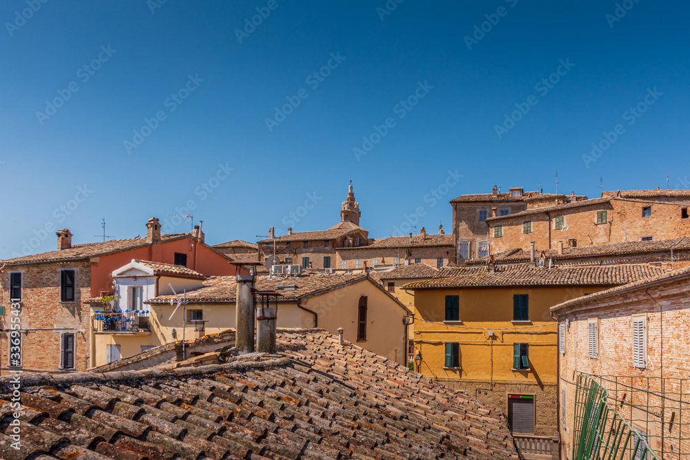 Skyline of the medieval town of Corinaldo, Le Marche, Italy, near Senigallia on a hot and sunny Summer morning