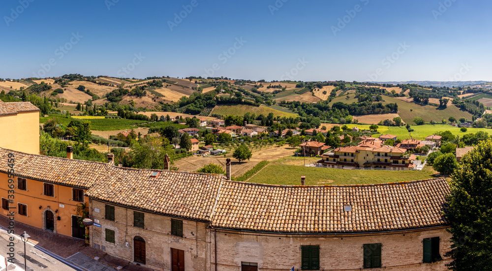 Panorama looking out to the surrounding countryside of Corinaldo, Le Marche, Italy, near Senigallia, on a beautiful sunny, summer morning