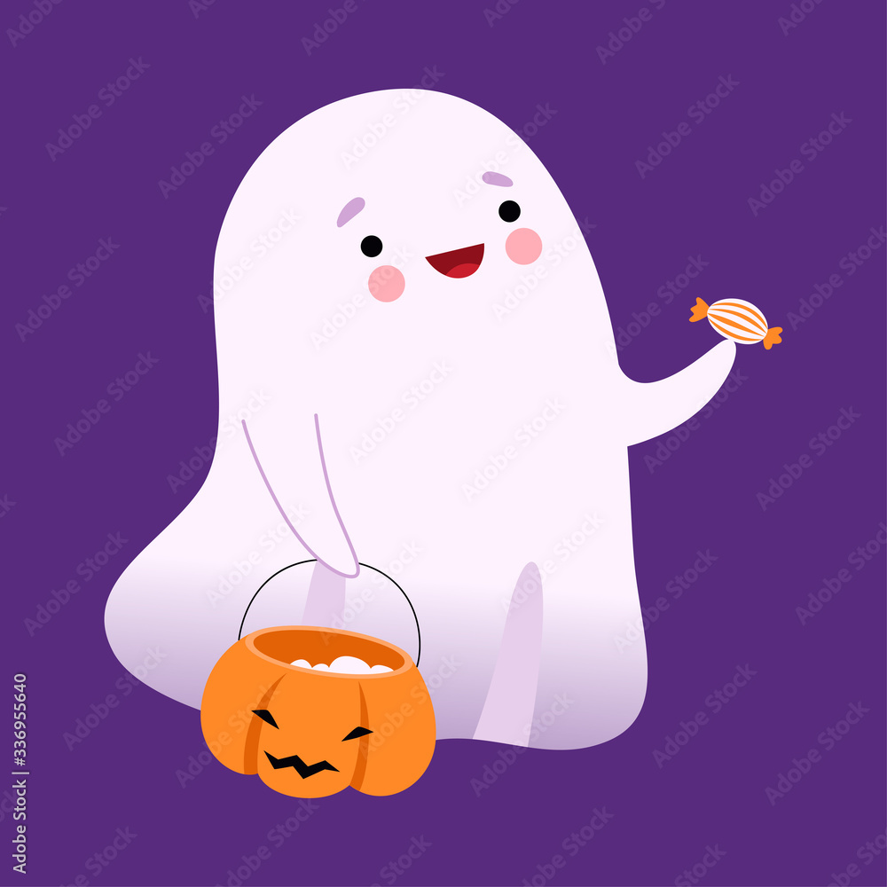 Obraz premium White Ghost Carrying Bucket made of Pumpkin Full of Sweets, Cute Halloween Spooky Character Vector Illustration