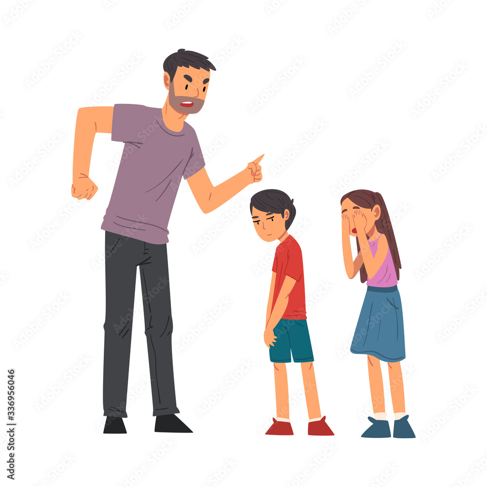Angry Father Scolding His Naughty Son and Daughter, Relationships Between Kids and Parents Vector Illustration