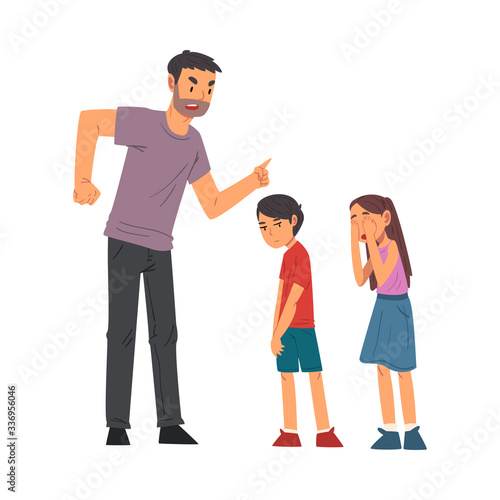 Angry Father Scolding His Naughty Son and Daughter, Relationships Between Kids and Parents Vector Illustration