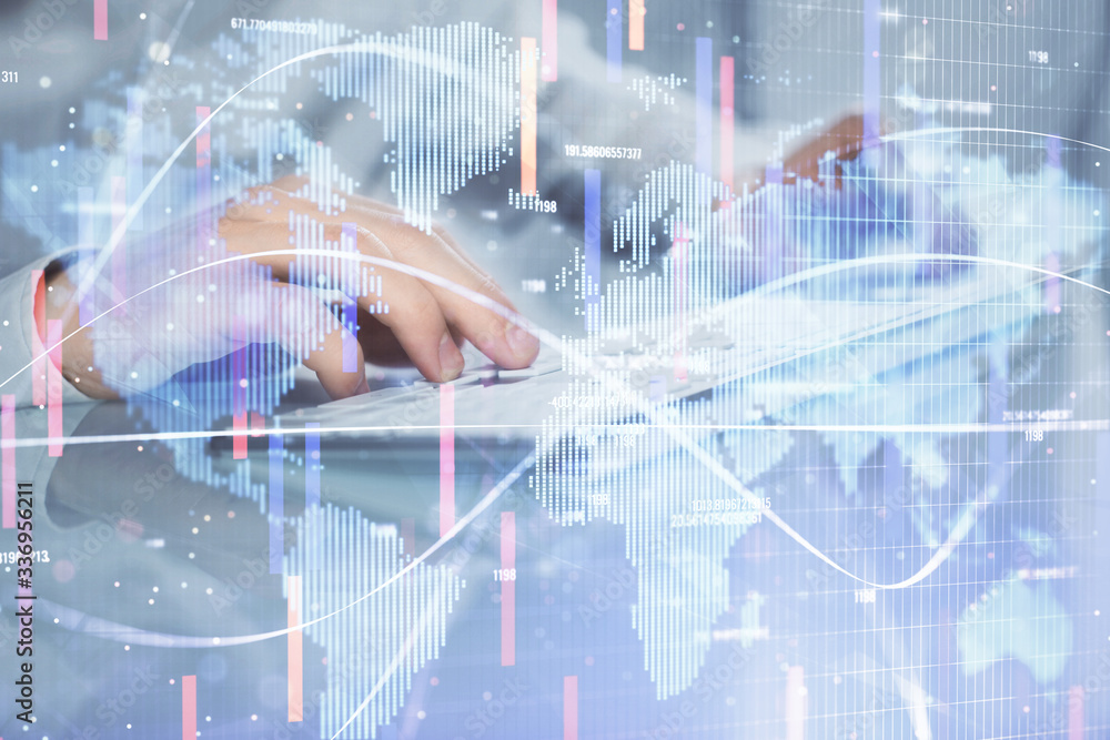 custom made wallpaper toronto digitalDouble exposure of businessman working on laptop on background. International business hologram in front. Concept of success.