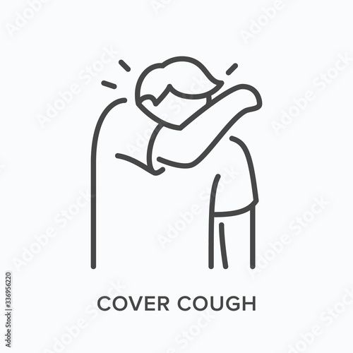 Coughing person line icon. Vector outline illustration of man sneezing in elbow. Symptom of influenza