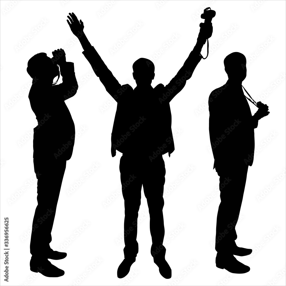 Vector silhouette of a man in a business suit. A man with binoculars in his hands. Binoculars on a lace hangs on a neck. Hands up. Set of silhouettes of a man standing in different poses.