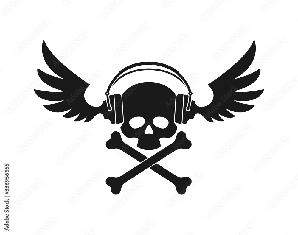 Fototapeta premium Vector black skull with crossed drives and headphones with wings Isolated on white background