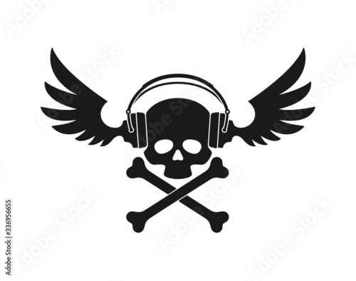 Vector black skull with crossed drives and headphones with wings Isolated on white background