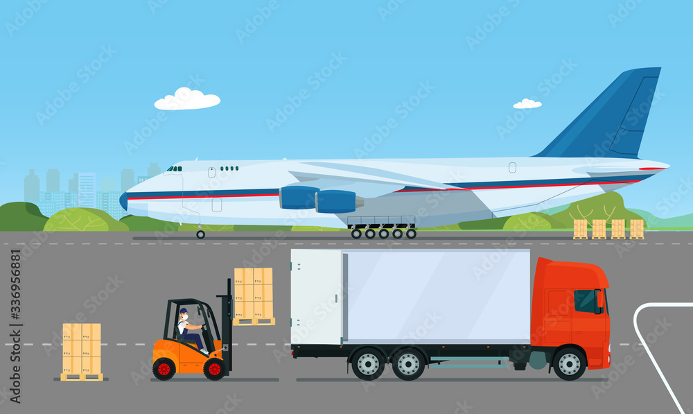 Loader with a driver in a medical mask loads a truck at the airport with cargo delivered by a transport plane. Vector flat style illustration.