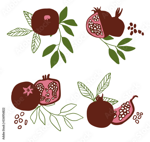 Vector set of abstract pomegranates and leaves