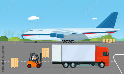 Loader with a driver in a medical mask loads a truck at the airport with cargo delivered by a transport plane. Vector flat style illustration.