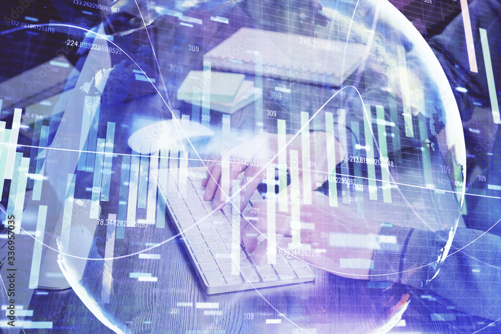 Double exposure of businessman working on laptop on background. International business hologram in front. Concept of success. Double exposure of businessman working on laptop on background. International business hologram in front. Concept of success.