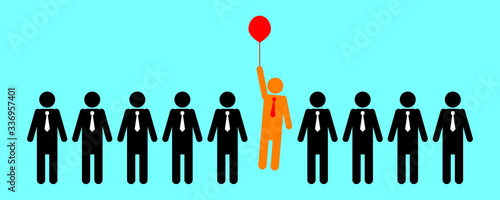 Stand out from the crowd and different concept , One man flying upward with red balloon out from other people.