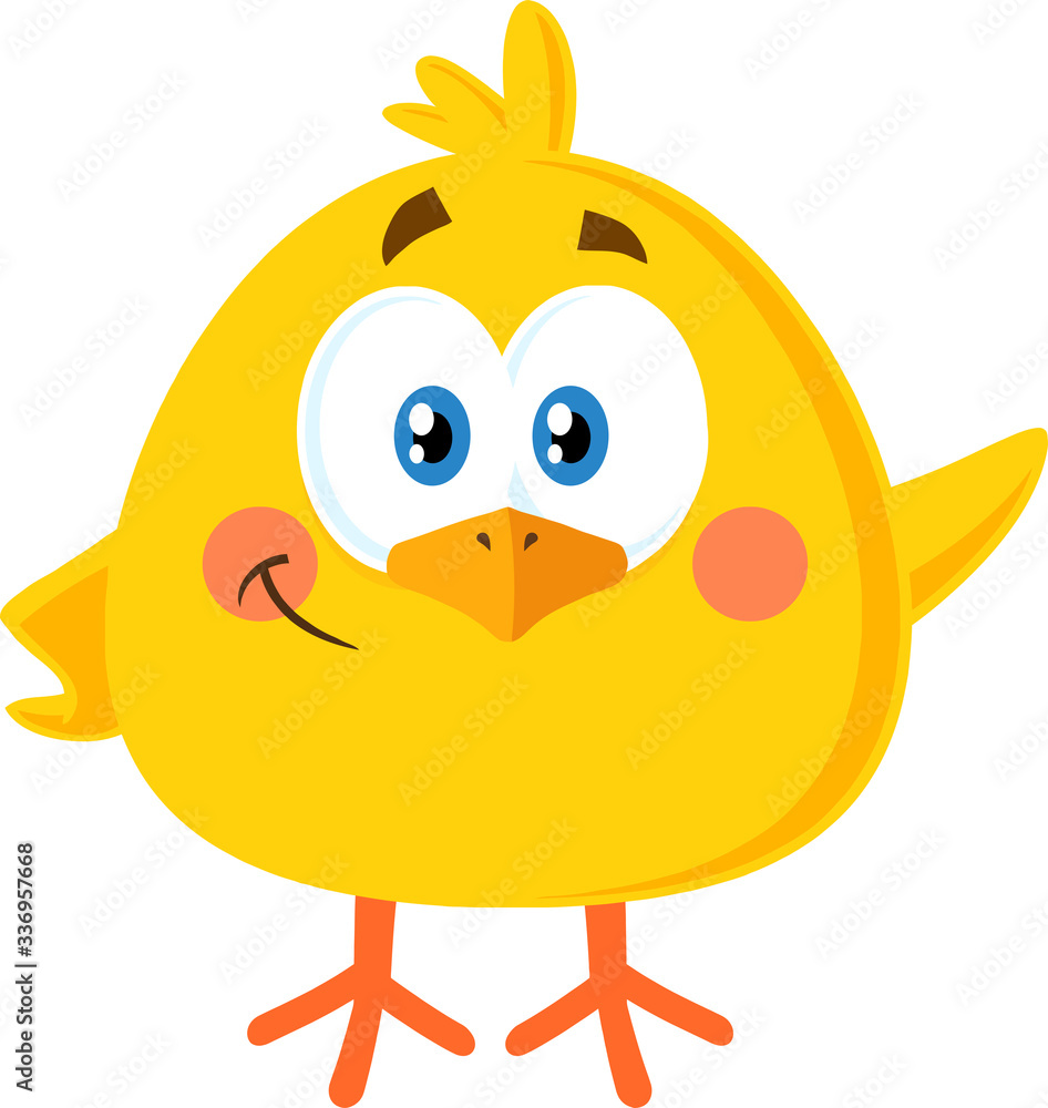 Smiling Yellow Chick Cartoon Character Waving For Greeting. Vector Illustration Flat Design Isolated On White Background Smiling Yellow Chick Cartoon Character Waving For Greeting. Vector Illustration Flat Design Isolated On White Background