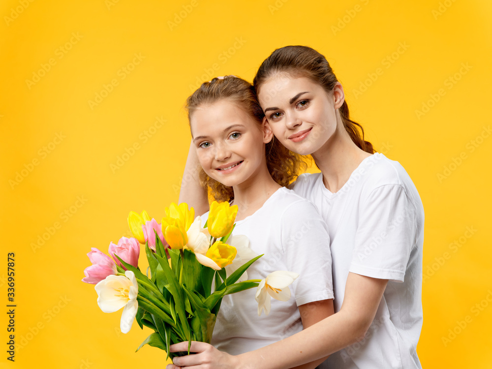 happy young couple with flowers happy young couple with flowers