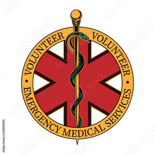 Volunteer emergency medical services emblem. Vector illustration of star of life with rod of Asclepius in engraving technique. Isolated on withe.