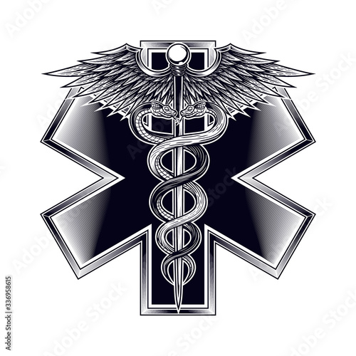 Emblem of the star of life with Caduceus symbol. Vector illustration in engraving technique. Modern symbol of medicine, emergency medical services, paramedics, technicians. Isolated on white.