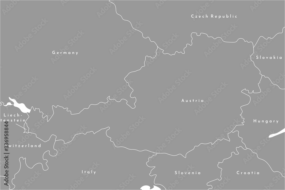 Vector modern illustration. Simplified political map, Austria is located in the center and bordered by Germany, Slovenia, Italy, Switzerland and etc. Grey color, white outline