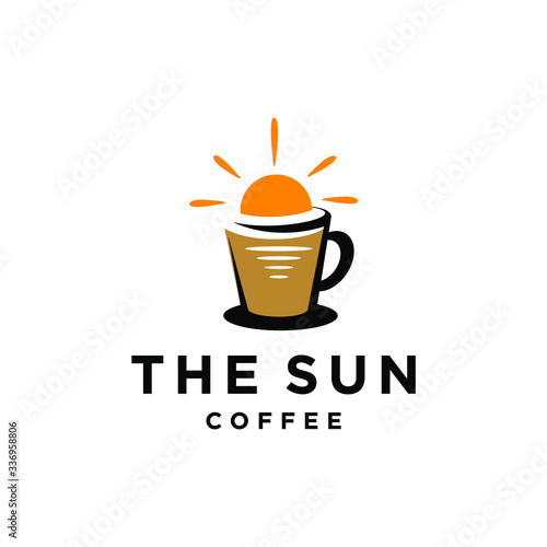 coffee logo with sun rise and sea water in modern line outline style vector icon template
