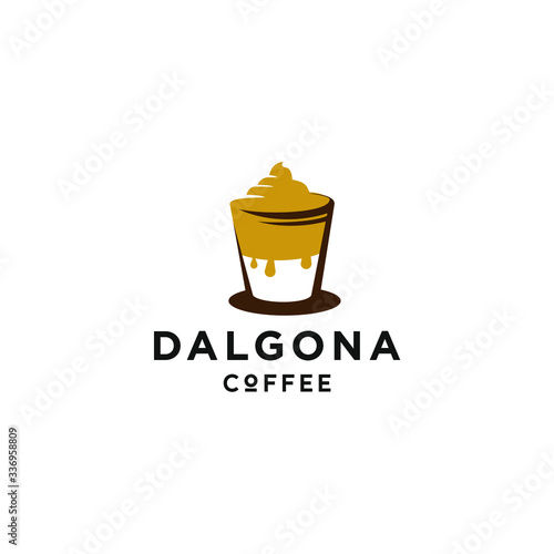 dalgona coffee drink logo with cream and glass icon in trendy minimal line cartoon illustration