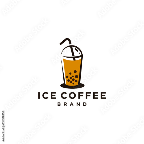 boba drink , bubble tea or coffee trendy beverage logo icon design illustration on instant cup with straw symbol
