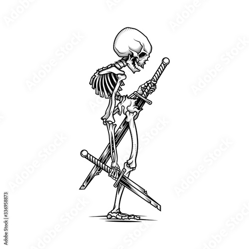 Human skeleton occult poster template. Vector illustration of skeleton with two broken swords in engraving technique. Isolated on white background. 