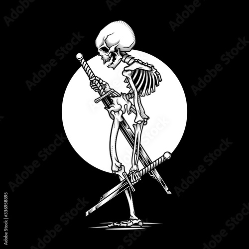 Human skeleton occult poster template. Vector illustration of skeleton with two broken swords under the moon in engraving technique. Isolated on black background. 