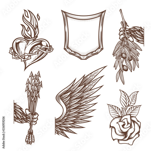 Medieval clip art set. Vector illustration of sacred heart, shield, wing, rose and eagle legs holding arrows and olive branch in engraving technique. Isolated on white.
