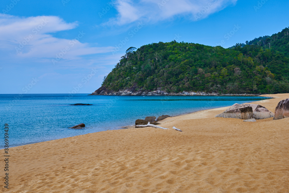 Wild gold sand beach and turquoise sea background. Coastline on sunny day background of sea and sky, gold sand, tourism, relax, vacation, summer, ocean. Tioman Island, Malaysia.