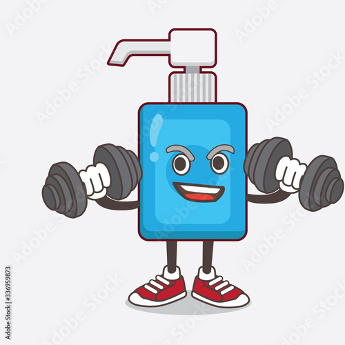 Hand Sanitizer cartoon mascot character on fitness exercise trying barbells