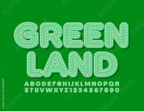 Vector trendy logo Green Land. Jeans pattern Font. Fabric Alphabet Letters and Numbers