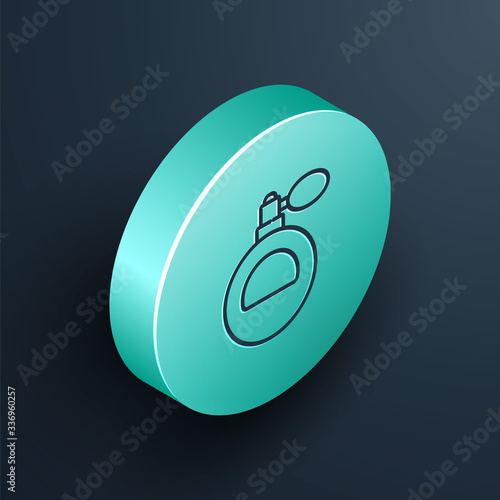 Isometric line Perfume icon isolated on black background. Turquoise circle button. Vector Illustration