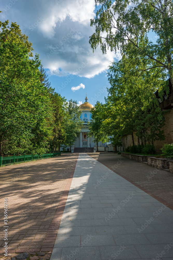 Square and entrance to St. Michael's Cathedral. Svyato-Uspenskiy Pskovo-Pechersk monastery near Pskov, “God zdania cave.”