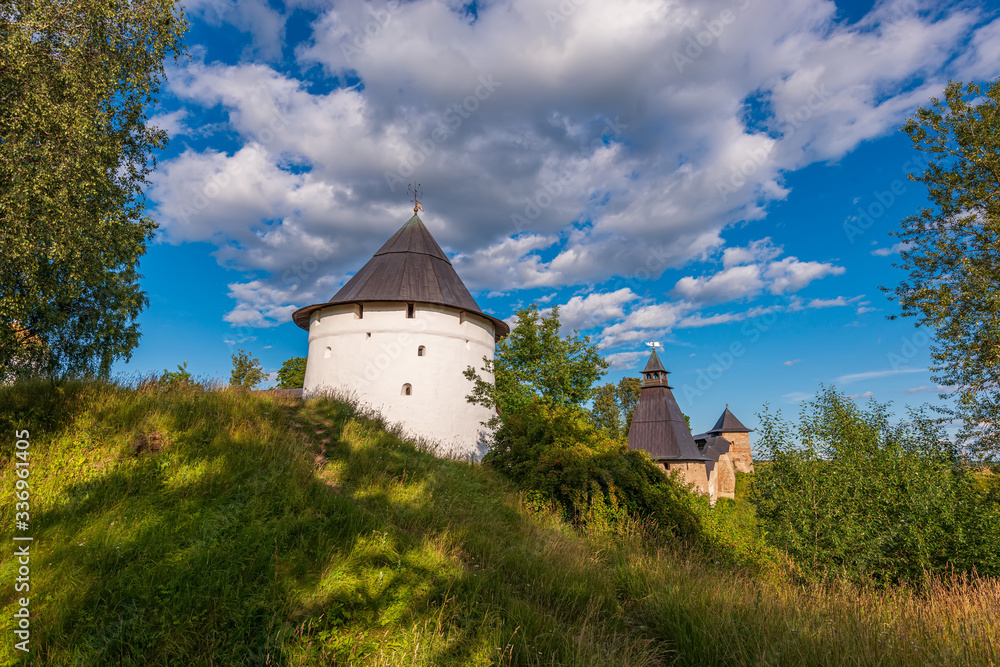 Towers and fortress walls of the monastery 2. Svyato-Uspenskiy Pskovo-Pechersk monastery near Pskov, “God zdania cave.”
