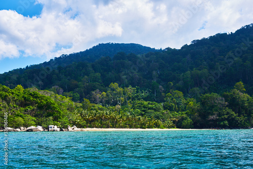 Beautiful nature landscape in Malaysia. Rain forest, mountains, ocean. View. Exploring tropical Tioman island. Travel concept and idea. Beautiful turquoise ocean. © eskstock