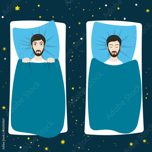 Man with sleep problems and insomnia symptoms versus good sleep man. Flat  illustration.