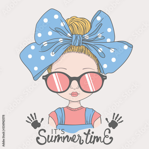 Cute girl face with sunglasses, hand print. Summer Time slogan