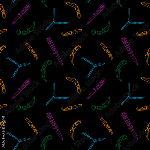 Seamless pattern with colorful contour pocket knives on black background