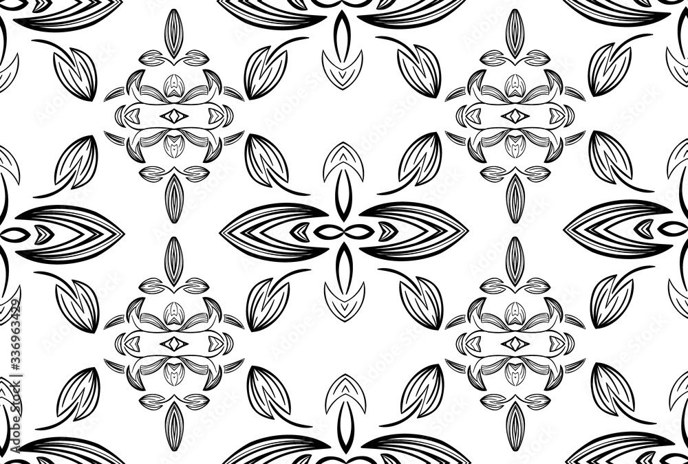 Stylish vintage black on white ornament seamless pattern. Allover vector design for fabric, apparel textile, interior, wallpaper