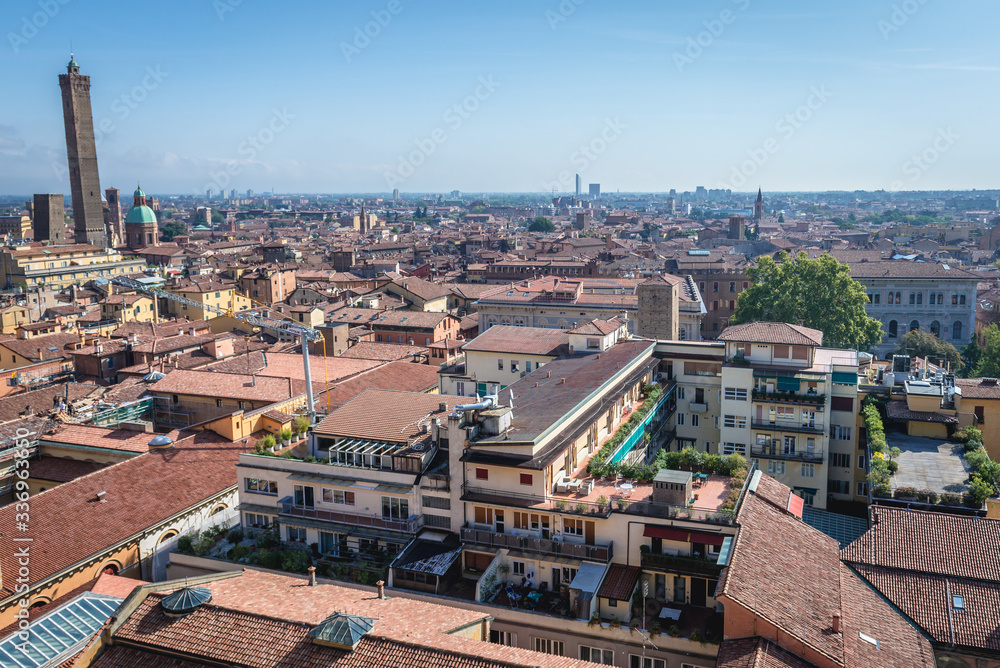 Panorama of historic part of Bologna city, Italy - view from St Petronius Basilica with Two Towers on left side