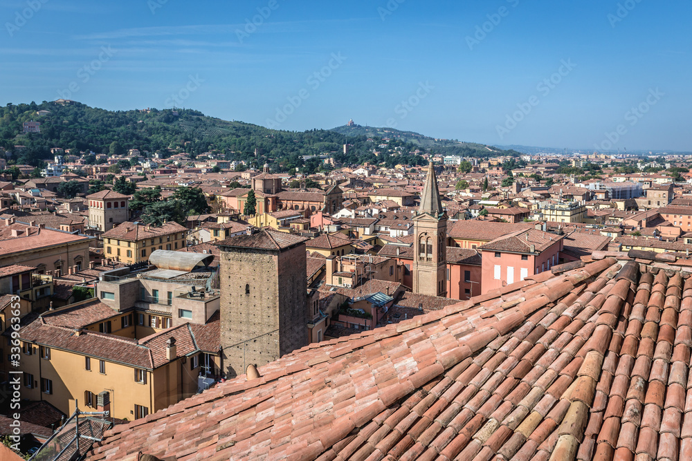 Historic part of Bologna city, Italy - view from terrace of St Petronius Basilica with Galluzzi Tower