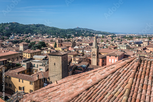 Historic part of Bologna city, Italy - view from terrace of St Petronius Basilica with Galluzzi Tower © Fotokon