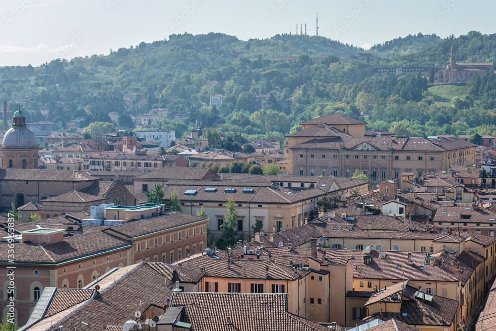 Residential buildings in historic part of Bologna city, Italy - view from terrace of St Petronius Basilica