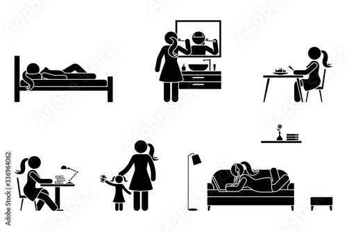 Stick figure woman everyday life time activities vector icon set. Sleep, brush teeth, eat, sit at desk, work, study, play with kid, lay on sofa, listen to music, use laptop pictogram on white