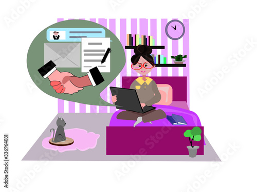 Woman working at home and online conference  talk  chat  send email  sign contract. people using laptop for social distancing . Vector people illustration. flat design .