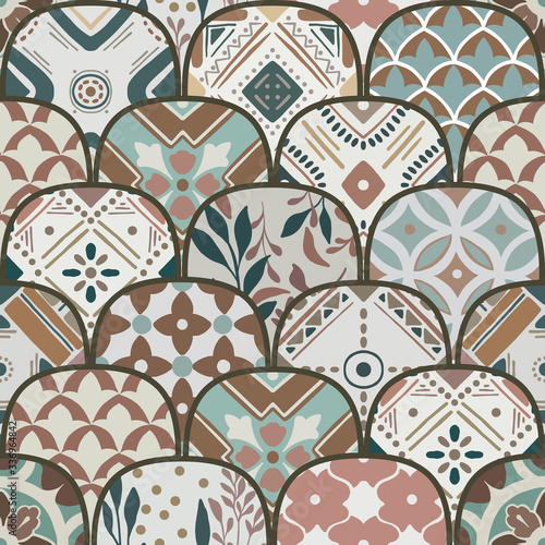 Luxury oriental tile seamless pattern in style of colorful floral patchwork boho chic with mandala in ellipse design elements. Flower vector ornament background with eastern motif