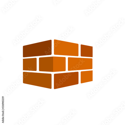 Brick wall. Red logo of construction company. Element of building in isometric view. Block and stone barrier. Flat illustration