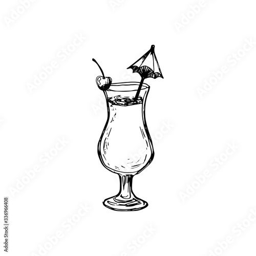 Vector alcohol cocktail pino colada. Hand drawn. Isolated element for summer menu, invitations, vacation design.