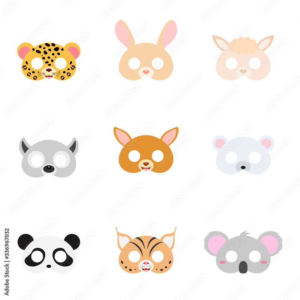 Set of assorted animal masks on face, dress-up, party accessory, DIY animal paper masks, photo booth props masks