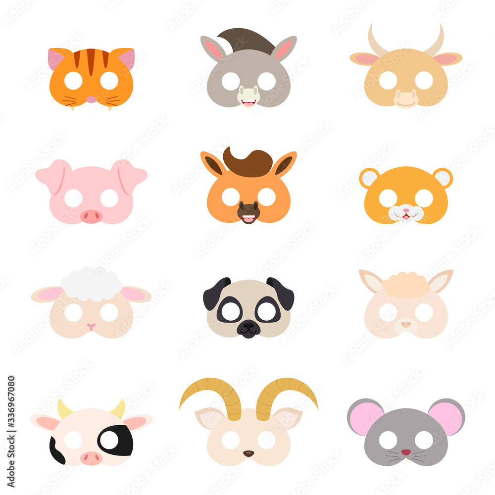 Set of assorted animal masks, party supplies, birthday party favors, play accessories, photo booth props for kids