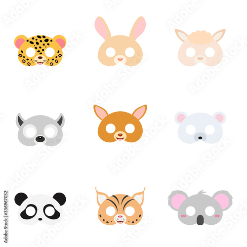 Set of assorted animal masks on face, dress-up, party accessory, DIY animal paper masks, photo booth props masks