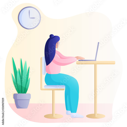 Flat Vector Illustration. Young Woman Sits at Desk Working on Laptop.  Concept of Remote Working or Studying from Home during Quarantine. Cozy Workplace.
